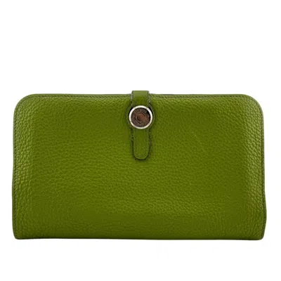 Pre-owned Hermes Green Taurillon Clemence Leather Long Wallet (bi-fold) ()