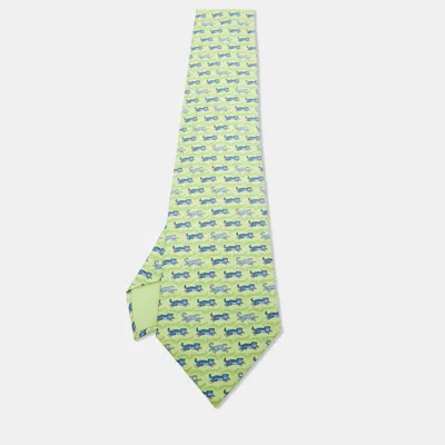 Pre-owned Hermes Green Tiger And Monkey Print Silk Traditional Tie
