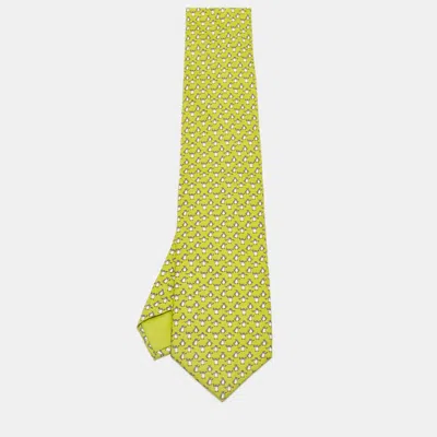 Pre-owned Hermes Hermès Green Whimsical Penguins Print Silk Tie