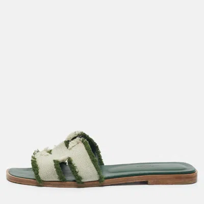 Pre-owned Hermes Green/off White Canvas Fringe Oran Flat Slide Sandals Size 38