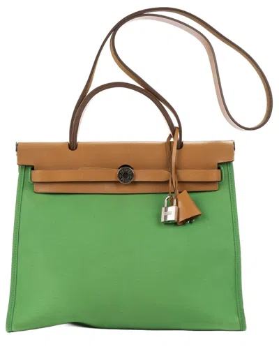 Pre-owned Hermes Hermès Green/tan Toile Officier/barenia Leather Herbag Zip (authentic Pre-  Loved)