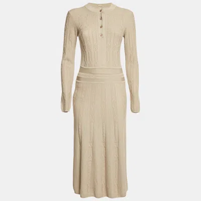 Pre-owned Hermes Hermès Grey Beige Maille Torsades Midi Dress S