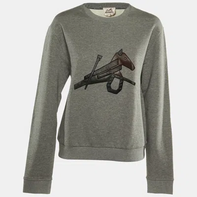 Pre-owned Hermes Hermès Grey Cotton Horse Embroidered Sweatshirt S In Gray