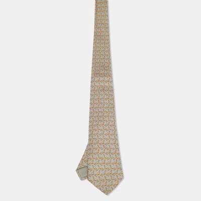 Pre-owned Hermes Hermès Grey Giraffe Riding Print Silk Tie In Gray