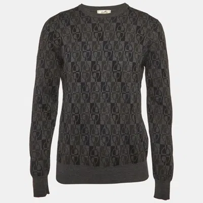 Pre-owned Hermes Grey Intarsia Wool Knit Sweater M In Gray