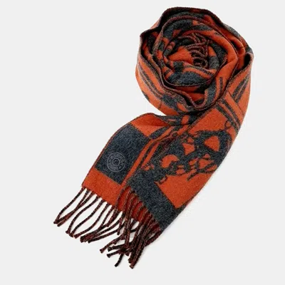 Pre-owned Hermes Grey Orange Cashmere Muffler In Gray