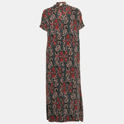 Pre-owned Hermes Grey Printed Silk Neck Tie Midi Dress M In Gray
