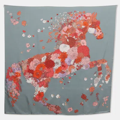 Pre-owned Hermes Hermès Grey Robe Legere Printed Silk Square Scarf In Gray