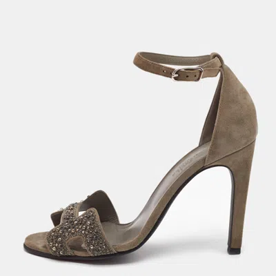 Pre-owned Hermes Grey Suede And Crystal Embellished Premiere Sandals Size 37 In Gray
