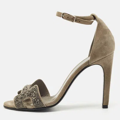 Pre-owned Hermes Grey Suede Crystal Premiere Ankle Strap Sandals Size 36.5 In Gray