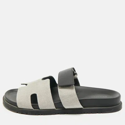 Pre-owned Hermes Grey/black Canvas And Leather Chypre Sandals Size 40 In Gray