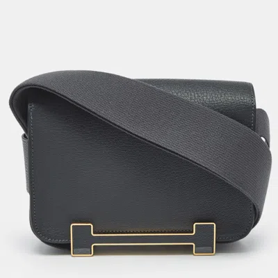 Pre-owned Hermes Hermès Gris Misty Chevre Mysore Leather Gold Finish Geta Bag In Gray