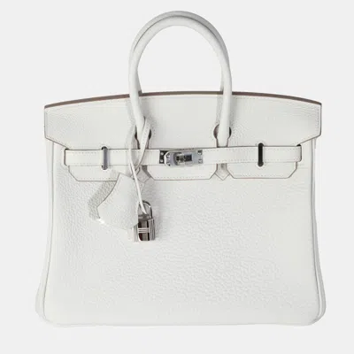 Pre-owned Hermes Gris Pale Togo Birkin 25 Phw Handbag In White
