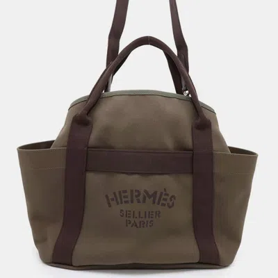 Pre-owned Hermes Groom Khaki/fu Canvas Leather Sac De Pansage Bag In Brown
