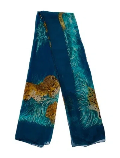 Pre-owned Hermes Guépards Silk Shawl In Blue