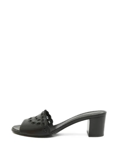 Pre-owned Hermes Gwladys Leather Heeled Sandals In Black