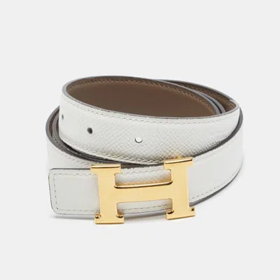 Pre-owned Hermes Hermès H 85 Cm Reversible Buckle Belt Blanc/etain Epsom And Swift Leather In White
