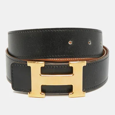 Pre-owned Hermes Hermès H 90 Cm Reversible Buckle Belt Noir/gold Box And Togo Leather In Black