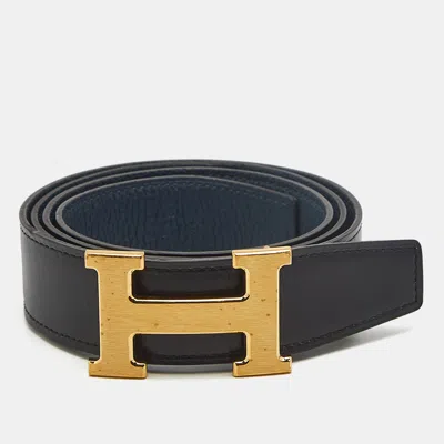 Pre-owned Hermes Hermès H 95 Cm Reversible Buckle Belt Noir/colvert Box And Togo Leather In Black