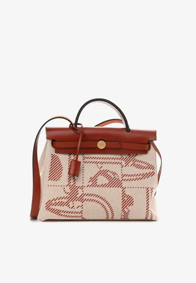 Hermes H Brides De Gala Herbag Zip Retourne 31 Pm In Cuivre Vache Hunter And Ecru Beige Toile