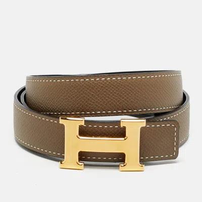 Pre-owned Hermes Hermès H Buckle 80cm Reversible Belt Taupe/black Epsom And Swift Leather In Sand
