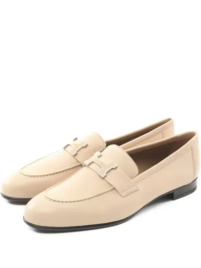 Pre-owned Hermes H-buckle Leather Loafers In Neutral