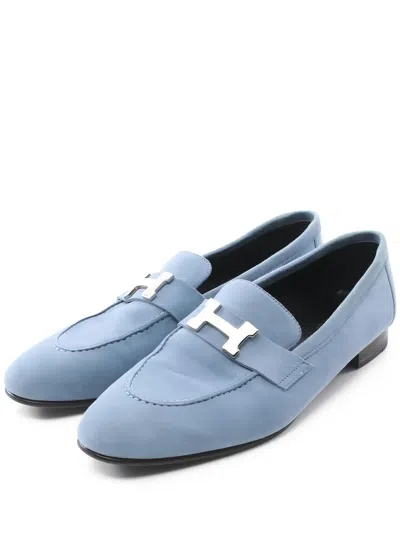 Pre-owned Hermes H-buckle Suede Loafers In Blue