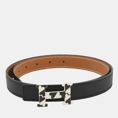Pre-owned Hermes H Enamel Cool Buckle Reversible Belt Black/gold Swift Leather Epsom Size 85