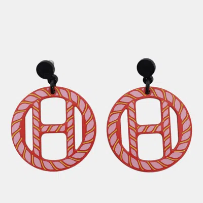 Pre-owned Hermes H Equipe Pink Red Earrings