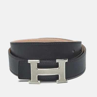 Pre-owned Hermes H Guilloche Buckle Belt 90cm Rose Sakura/blue Nuit Epsom And Swift Leather In Pink
