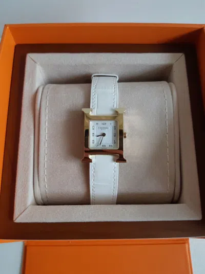 Pre-owned Hermes Hermès H Hour Watch Pm White Crocodile Strap