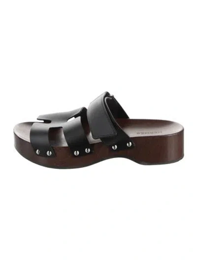 Pre-owned Hermes H Logo Leather Slides In Brown