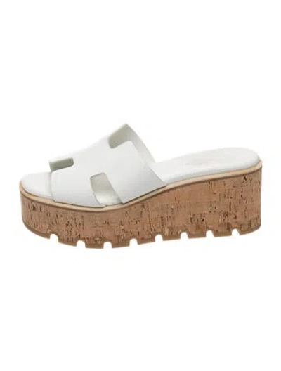 Pre-owned Hermes H Logo Leather Slides In White
