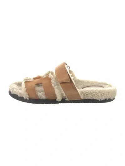 Pre-owned Hermes H Logo Suede Slides In Brown