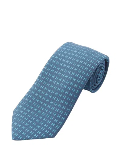 Pre-owned Hermes H Pattern Tie In Blue