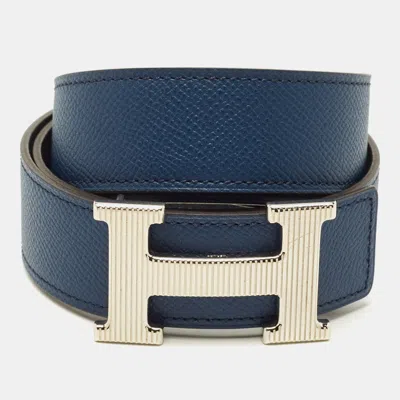 Pre-owned Hermes H Strie 95 Cm Reversible Buckle Belt Bleu De Malte/bleu Nuit Epsom And Togo Leather In Blue