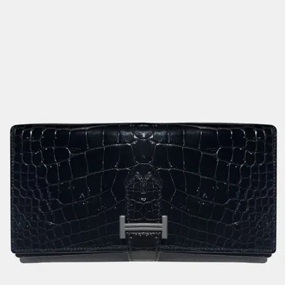 Pre-owned Hermes H Wallet Black Crocodile With Palladium Hardware