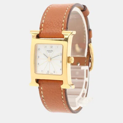 Pre-owned Hermes H Watch Gold Women Watch Quartz Gp Veau Epsom Gold Brown White Dial