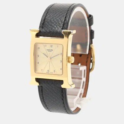 Pre-owned Hermes H Watch Women Watch Quartz Gp Veau Epsom Gold Black Gold Guilloche Dial M Stamp (manufactured Around