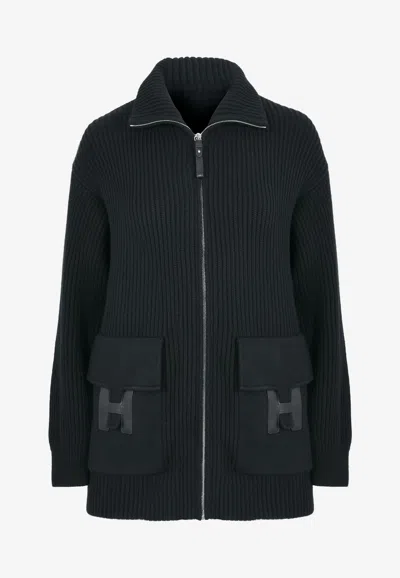 Hermes "h" Wool Knit Cardigan In Black