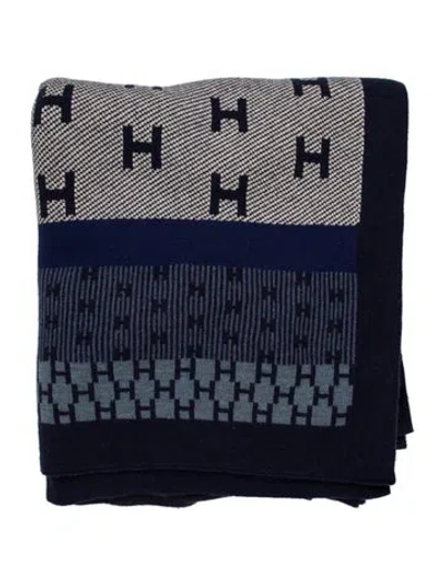 Pre-owned Hermes H Wool Throw Blanket In Blue