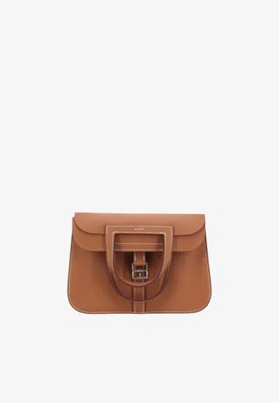 Hermes Halzan 25 In Gold Swift Leather With Palladium Hardware In Brown