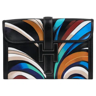 Pre-owned Hermes Hermès Hand Painted Jige Elan Clutch In Black