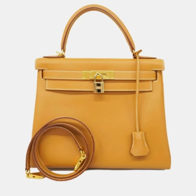 Pre-owned Hermes Handbag Kelly 28 □e Stamp Vache Natural Gold Hardware Women's In Orange