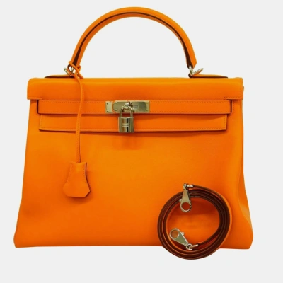 Pre-owned Hermes Handbag Kelly 32 Voga River Orange Silver Hardware Ladies