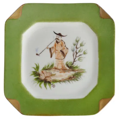 Pre-owned Hermes Handpainted Green And Gold Porcelain Ashtray With Chinoiserie Smoking Motif