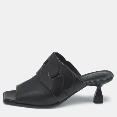 Pre-owned Hermes Hermès Hanna 95 Size 37 Black Leather Chaîne D'ancre Insignia Slide Sandals