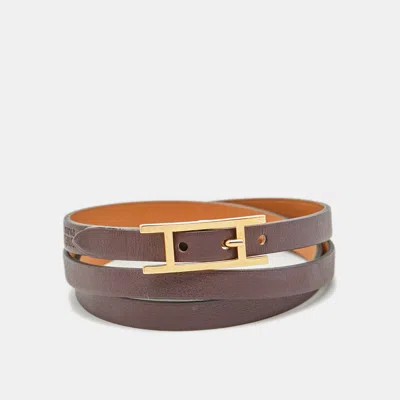 Pre-owned Hermes Hapi 3 Grand Wrap Leather Gold Plated Triple Tour Wrap Bracelet