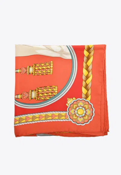 Pre-owned Hermes Harnais De Coeur Silk Scarf In Red