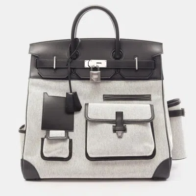 Pre-owned Hermes Haut A Courroies Cargo 40 Ecru Black Toile H Canvas Evercalf Calfskin Leather Top Handle Bag